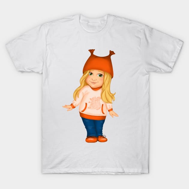 Little girl in orange hat and spring clothes. Spring print T-Shirt by Ayaruta